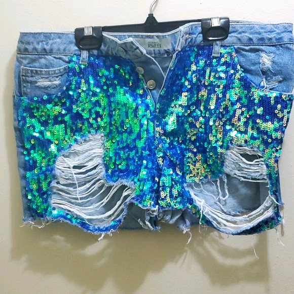 TOP SHOP - DENIM SEQUENCE SHORTS - Picture 1 of 4